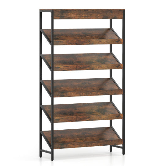 6-Tier Tall Freestanding Bookshelf with Angled Shelves for Home Office-Rustic Brown W2B