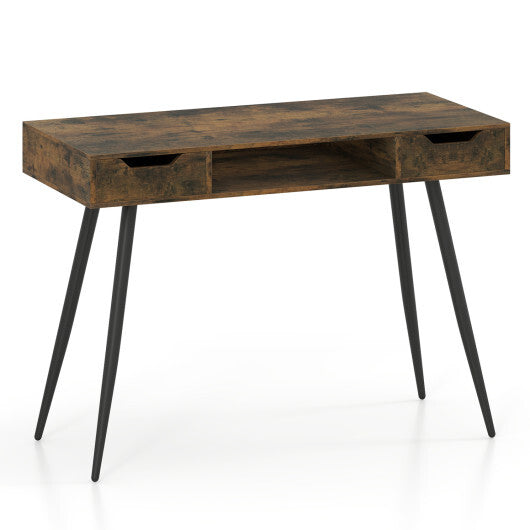 42.5" Mid Century Modern Writing Desk with Metal Leg and Drawers-Rustic Brown W2B