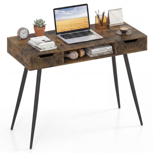 42.5" Mid Century Modern Writing Desk with Metal Leg and Drawers-Rustic Brown W2B