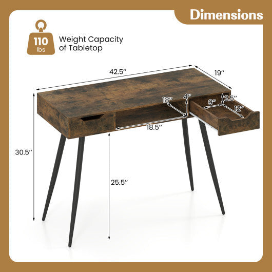 42.5" Mid Century Modern Writing Desk with Metal Leg and Drawers-Rustic Brown W2B