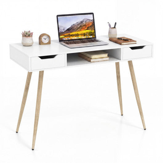 42.5" Mid Century Modern Writing Desk with Metal Leg and Drawers-Rustic Brown W2B