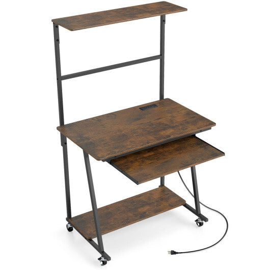 Small Computer Desk with Charging Station and LED Lights and Wheels-Rustic Brown W2B