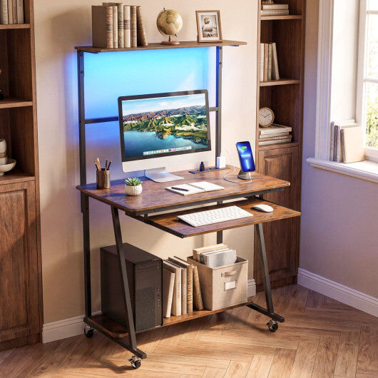 Small Computer Desk with Charging Station and LED Lights and Wheels-Rustic Brown W2B