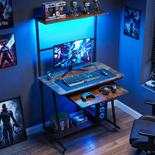 Small Computer Desk with Charging Station and LED Lights and Wheels-Rustic Brown W2B