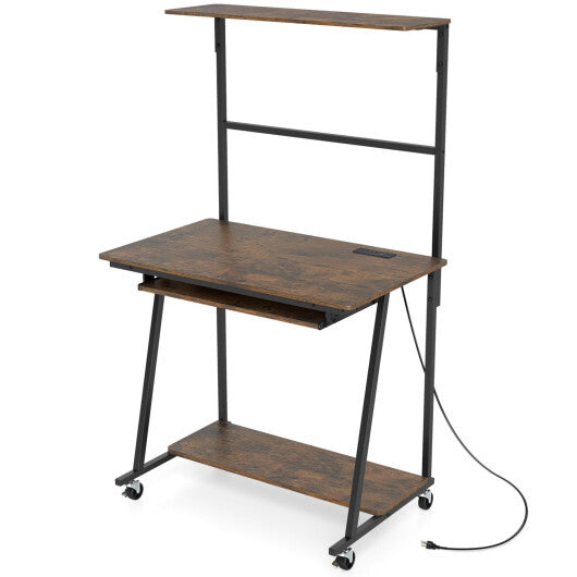 Small Computer Desk with Charging Station and LED Lights and Wheels-Rustic Brown W2B