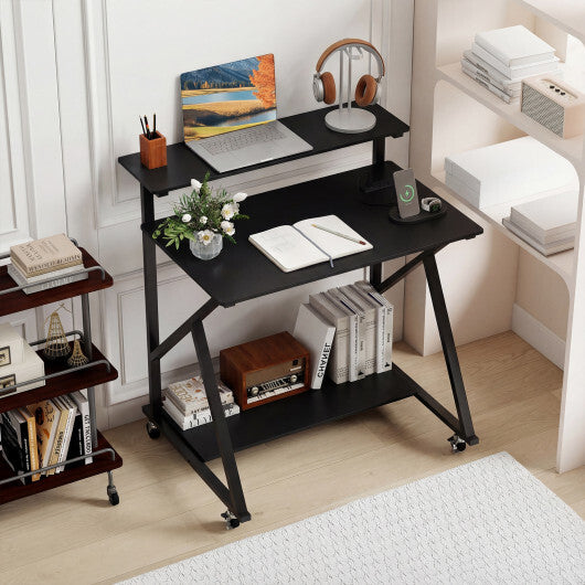 32 Inch Rolling Computer Desk for Small Spaces with Power Outlets-Black W2B