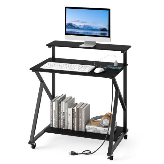 32 Inch Rolling Computer Desk for Small Spaces with Power Outlets-Black W2B