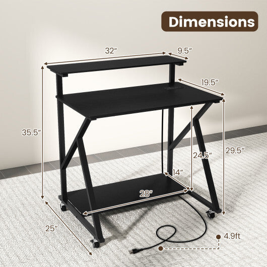 32 Inch Rolling Computer Desk for Small Spaces with Power Outlets-Black W2B