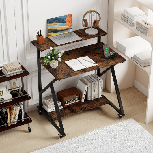 32 Inch Rolling Computer Desk for Small Spaces with Power Outlets-Black W2B