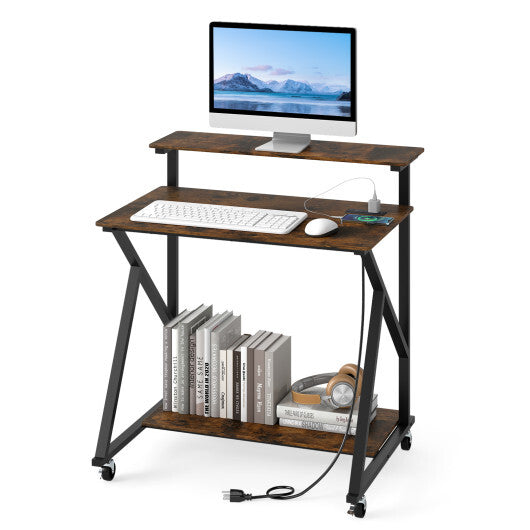 32 Inch Rolling Computer Desk for Small Spaces with Power Outlets-Black W2B