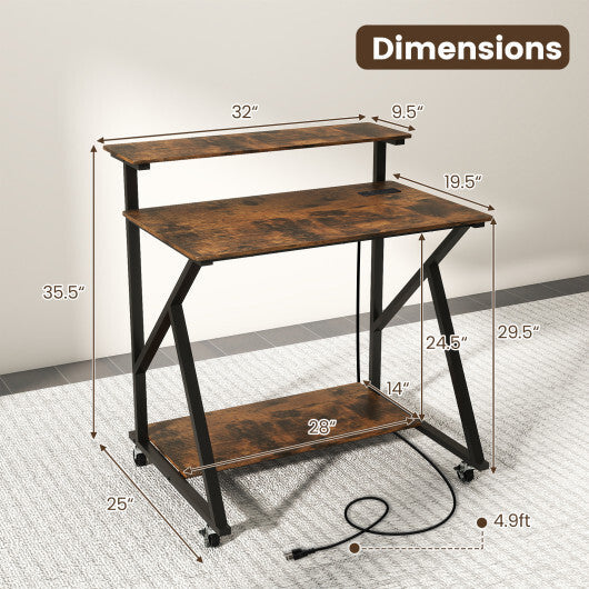 32 Inch Rolling Computer Desk for Small Spaces with Power Outlets-Black W2B