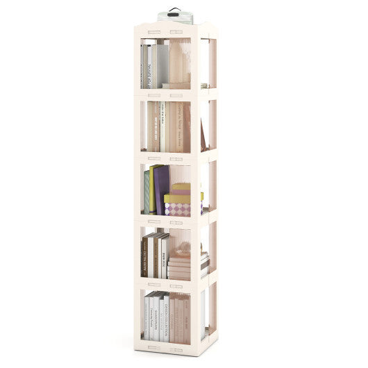 5-Tier Foldable Rotating Bookshelf 360 Spinning Bookcase with Swivel Base-White