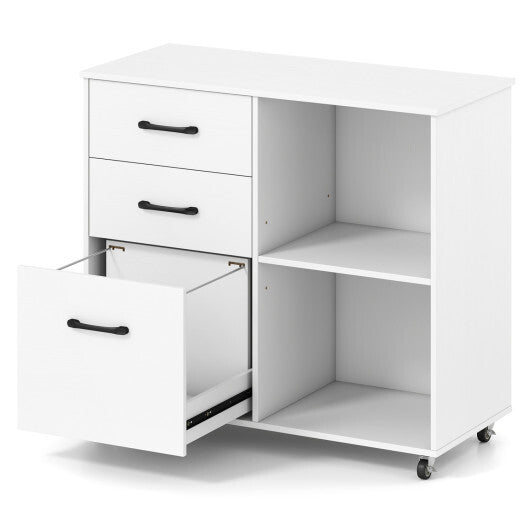 3-Drawer Mobile File Cabinet with Open Storage Shelves and Wheels for Letter A4 Size-White W2B