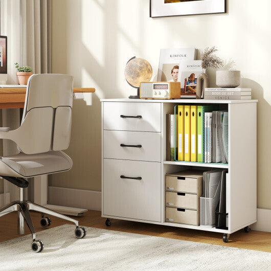3-Drawer Mobile File Cabinet with Open Storage Shelves and Wheels for Letter A4 Size-White W2B