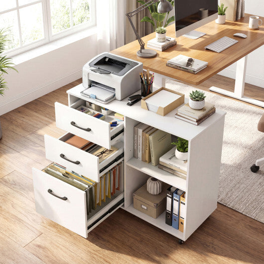 3-Drawer Mobile File Cabinet with Open Storage Shelves and Wheels for Letter A4 Size-White W2B