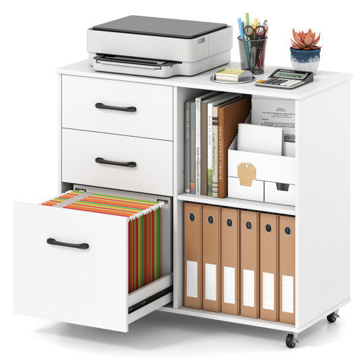 3-Drawer Mobile File Cabinet with Open Storage Shelves and Wheels for Letter A4 Size-White W2B