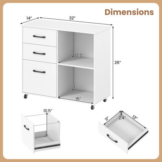 3-Drawer Mobile File Cabinet with Open Storage Shelves and Wheels for Letter A4 Size-White W2B