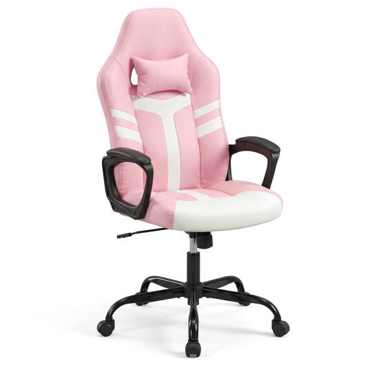 Faux Leather Upholstered Office Chair with Removable Head Pillow and Rocking Function-Pink W2B