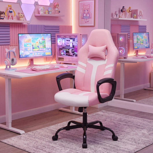 Faux Leather Upholstered Office Chair with Removable Head Pillow and Rocking Function-Pink W2B