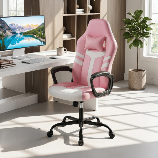 Faux Leather Upholstered Office Chair with Removable Head Pillow and Rocking Function-Pink W2B