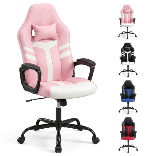 Faux Leather Upholstered Office Chair with Removable Head Pillow and Rocking Function-Pink W2B