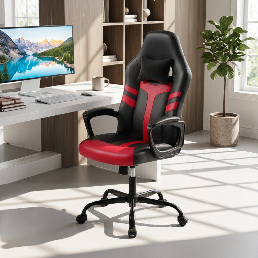 Faux Leather Upholstered Office Chair with Removable Head Pillow and Rocking Function-Pink W2B