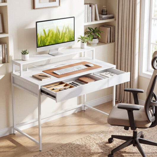 Compact Office Desk with Removable Monitor Shelf and Dual-use Drawer-White W2B