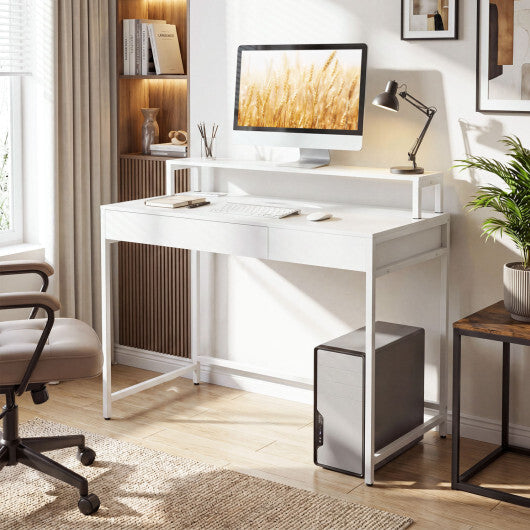 Compact Office Desk with Removable Monitor Shelf and Dual-use Drawer-White W2B