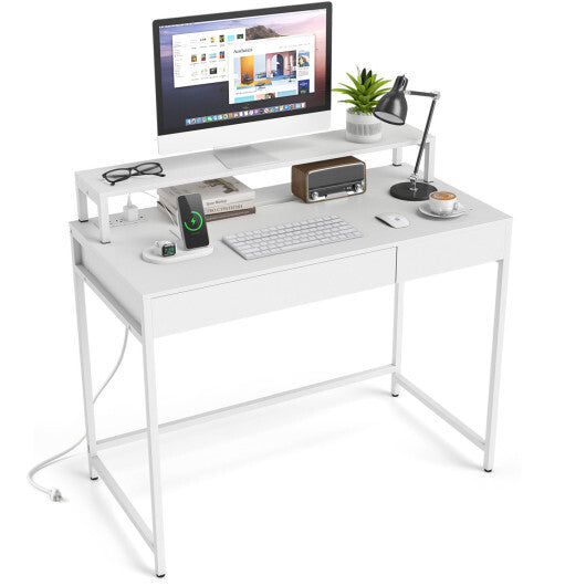 Compact Office Desk with Removable Monitor Shelf and Dual-use Drawer-White W2B