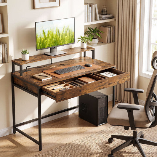 Compact Office Desk with Removable Monitor Shelf and Dual-use Drawer-White W2B