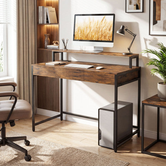 Compact Office Desk with Removable Monitor Shelf and Dual-use Drawer-White W2B
