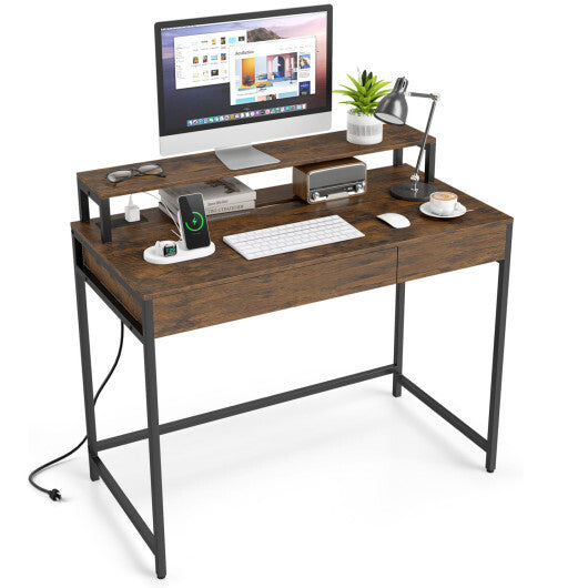 Compact Office Desk with Removable Monitor Shelf and Dual-use Drawer-White W2B