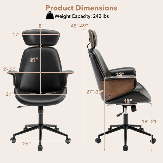 Ergonomic Office Chair with Headrest  Adjustable Height for Home Office and Study-Black W2B
