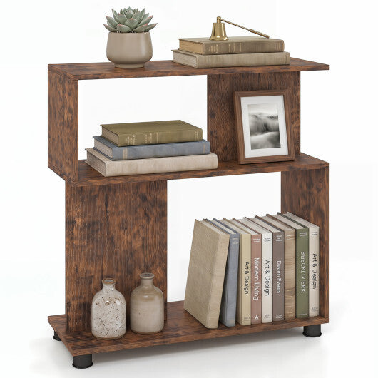3-Tier Modern S-shaped Bookshelf with Adjustable Feet-Rustic Brown W2B