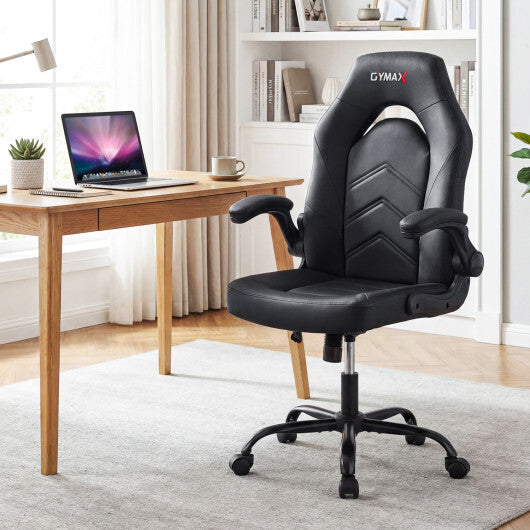Leather Office Chair Ergonomic Computer Desk Chair with Flip-up Armrests-Black W2B
