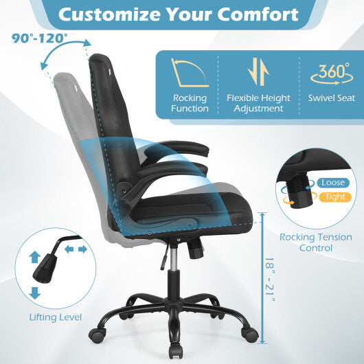 Leather Office Chair Ergonomic Computer Desk Chair with Flip-up Armrests-Black W2B
