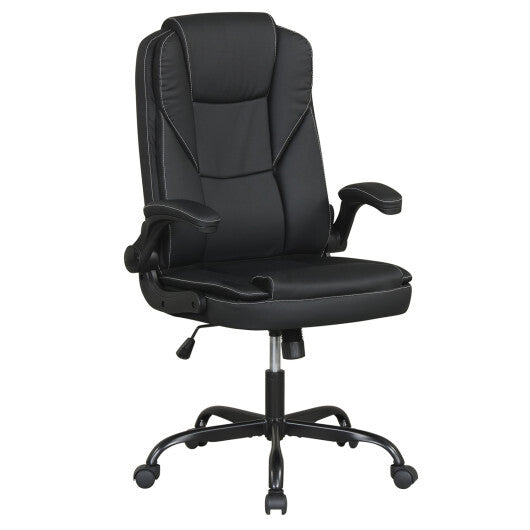 Leather Office Chair Ergonomic Computer Desk Chair with Flip-up Armrests Rocking Function-Black W2B