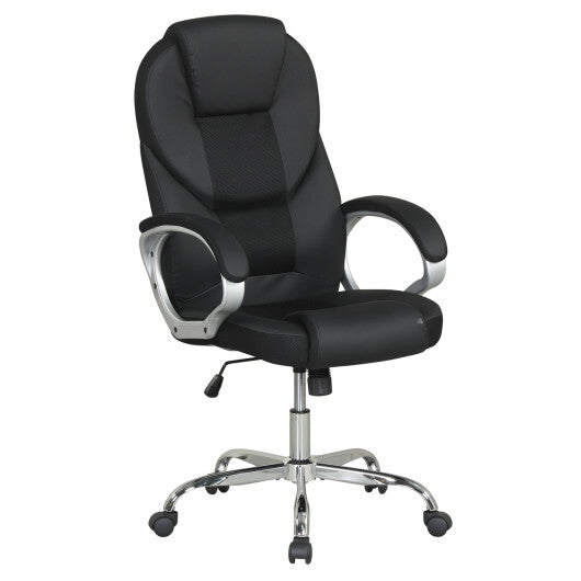 Leather Office Chair Ergonomic Mesh Executive Chair with Padded Armrests and Rocking Backrest-Black W2B