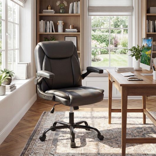 Ergonomic Leather Office Chair with Flip-up Armrests and Rocking Function-Black W2B
