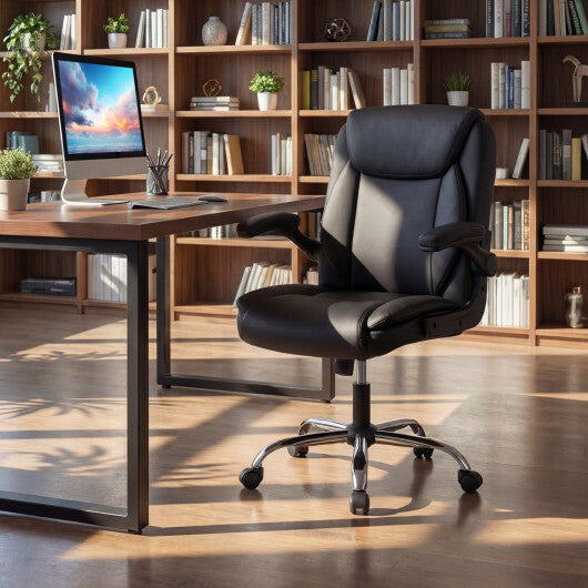Ergonomic Leather Office Chair with Flip-up Armrests and Rocking Function-Black W2B