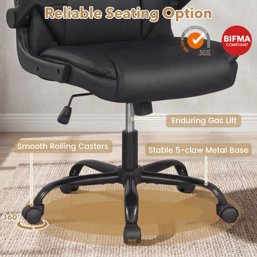 Ergonomic Leather Office Chair with Flip-up Armrests and Rocking Function-Black W2B