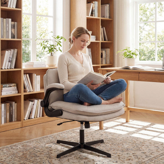 Criss Cross Chair with Flip-up Arms Ergonomic Office Desk Chair with Adjustable Height Wide Backrest Padded Seat-Beige W2B