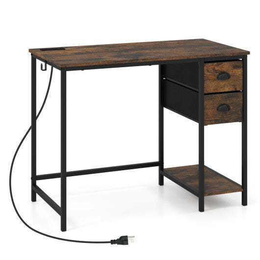 Computer Desk with Charging Station and 2 Fabric Drawers for Small Spaces-Rustic Brown W2B