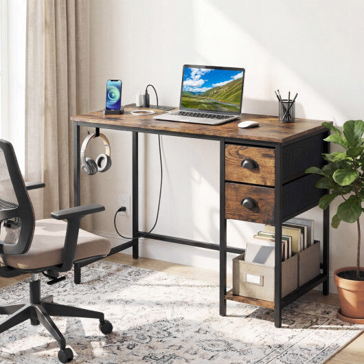 Computer Desk with Charging Station and 2 Fabric Drawers for Small Spaces-Rustic Brown W2B