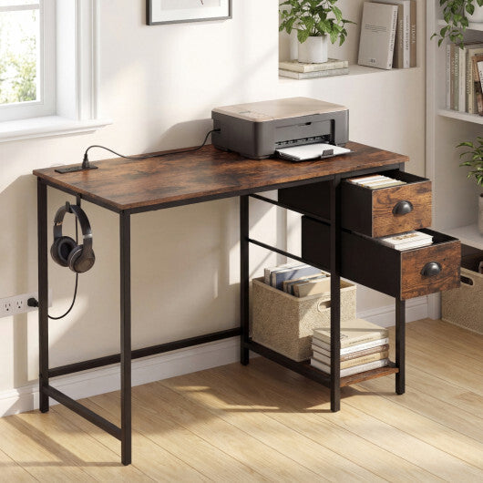 Computer Desk with Charging Station and 2 Fabric Drawers for Small Spaces-Rustic Brown W2B