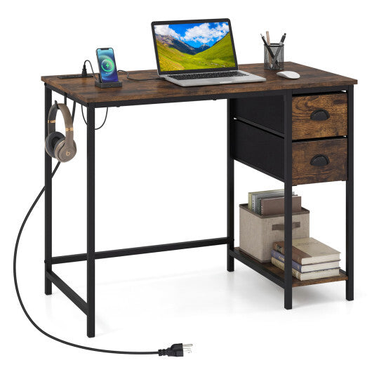 Computer Desk with Charging Station and 2 Fabric Drawers for Small Spaces-Rustic Brown W2B