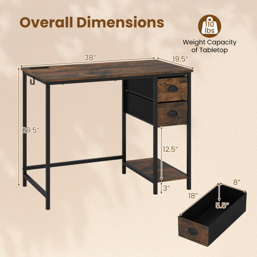 Computer Desk with Charging Station and 2 Fabric Drawers for Small Spaces-Rustic Brown W2B