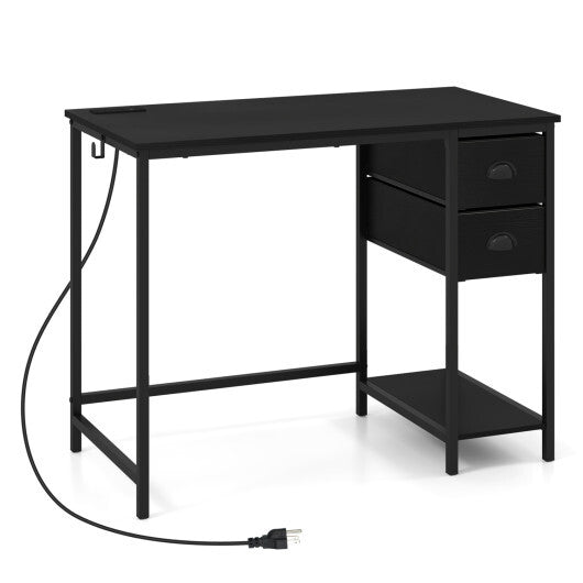 Computer Desk with Charging Station and 2 Fabric Drawers for Small Spaces-Rustic Brown W2B
