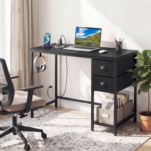 Computer Desk with Charging Station and 2 Fabric Drawers for Small Spaces-Rustic Brown W2B