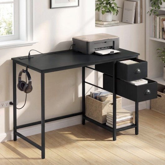 Computer Desk with Charging Station and 2 Fabric Drawers for Small Spaces-Rustic Brown W2B